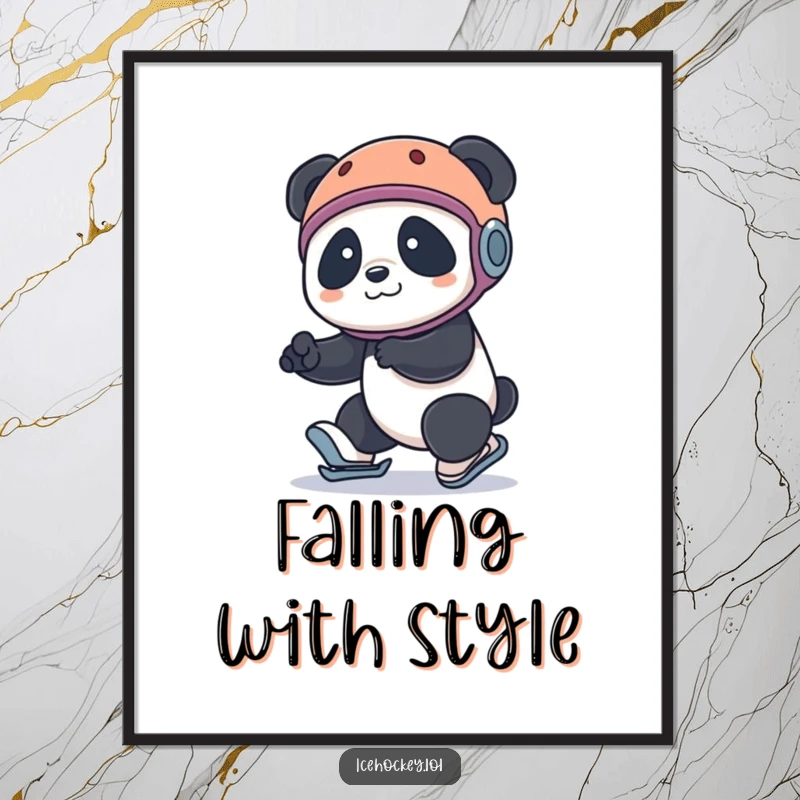 Funny panda digital art print: a panda wearing a helmet comically tripping on roller skates, capturing a moment of pure, hilarious fun.