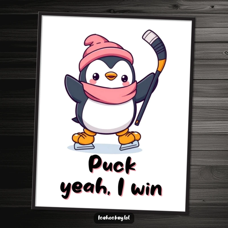 Funny digital art print of a jubilant penguin skating with a hockey stick held high, embodying pure sportsmanship and joy.