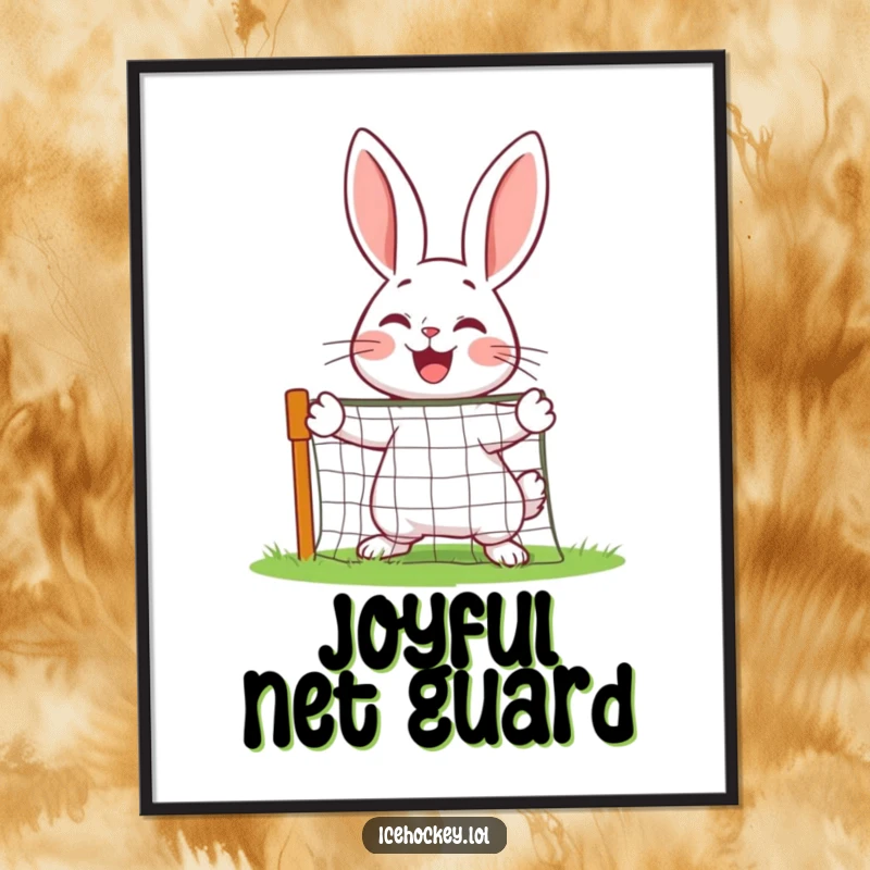 Funny cheerful rabbit joyfully defending a miniature net, as a digital art print.