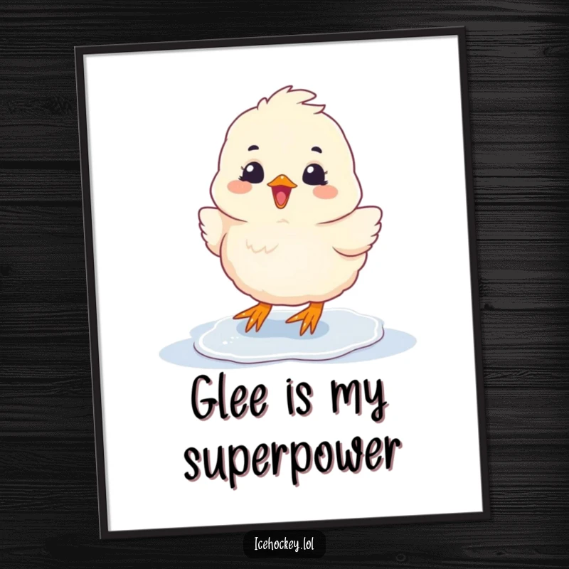 Funny Digital Art Print of a fluffy chick sliding on ice with pure glee, providing instant cheerful wall decor.