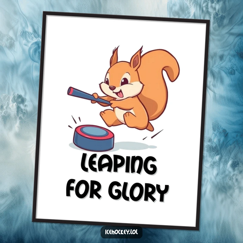 Funny squirrel digital art print: a brave squirrel leaping to block a phantom puck, capturing a moment of heroic, playful defense.