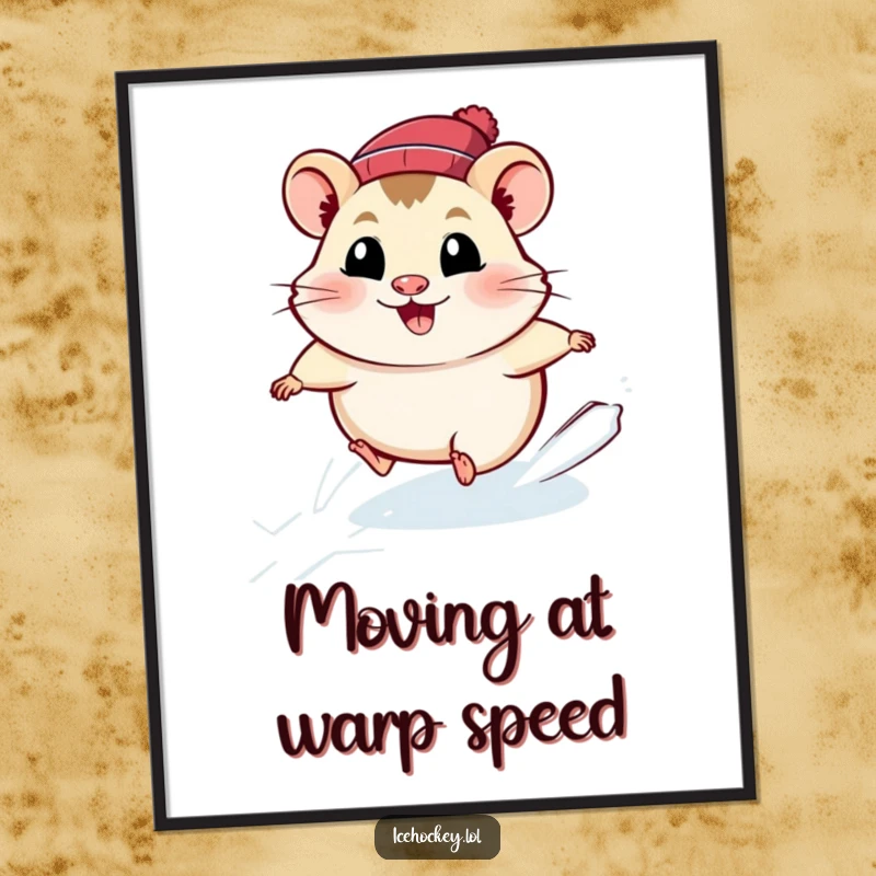 Funny hamster digital art print of a smiling, fast-skating hamster on ice, bringing vibrant energy and humor to any room.