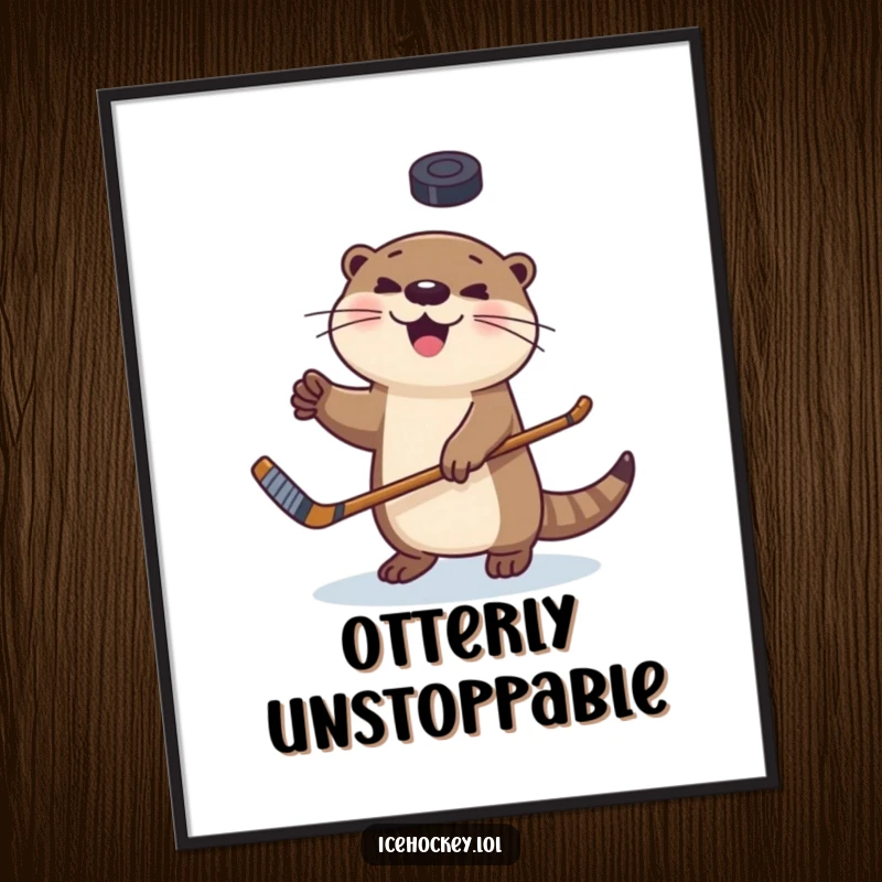 Funny digital art print of a happy otter juggling a hockey puck with its stick, perfect for sports-themed decor.