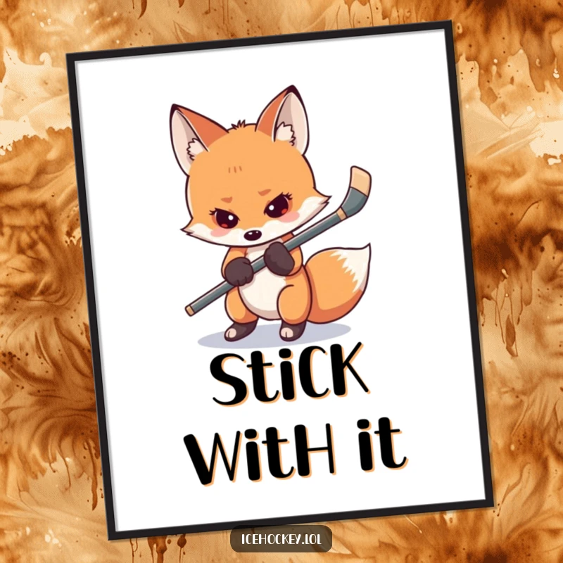 Funny shy fox hockey digital art print shows a nervous fox gripping its hockey stick tightly, full of relatable game day emotion, perfect for decor.