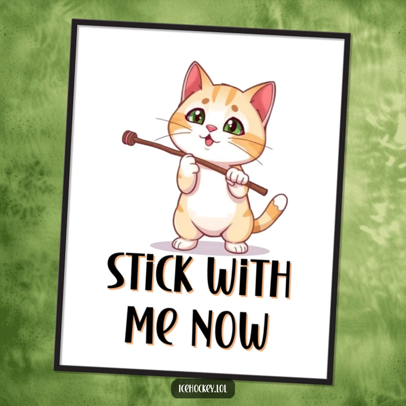 Funny cat digital art print of a curious kitten hilariously failing at a magic stick trick, bringing whimsical humor to any room.