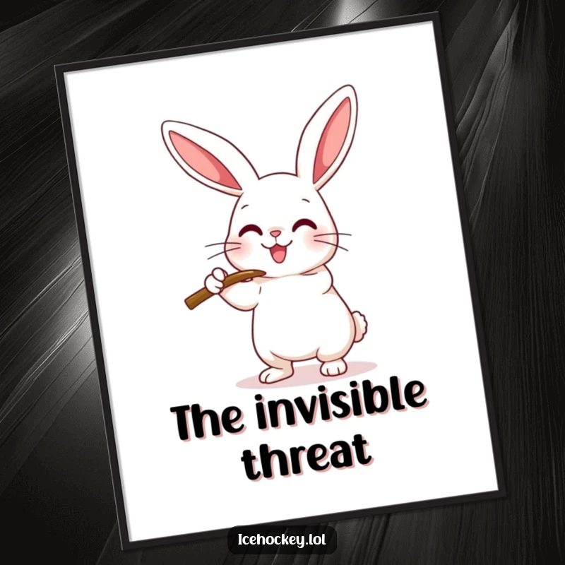 Funny Digital Art Print of a happy rabbit playfully checking an imaginary opponent with its hockey stick, perfect for digital display.