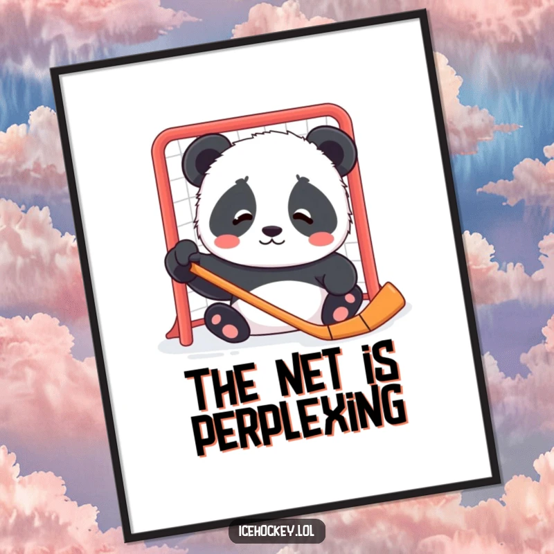 Funny digital art print of a contented panda cub looking confused by a hockey net, exuding sweet bewilderment.