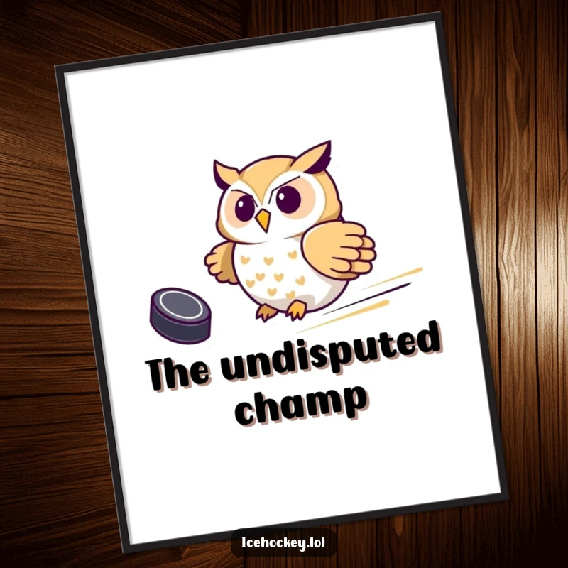Funny Owl Hockey Digital Art Print, showing a proud owl sliding with a hockey puck, offering instant athletic humor and pride.
