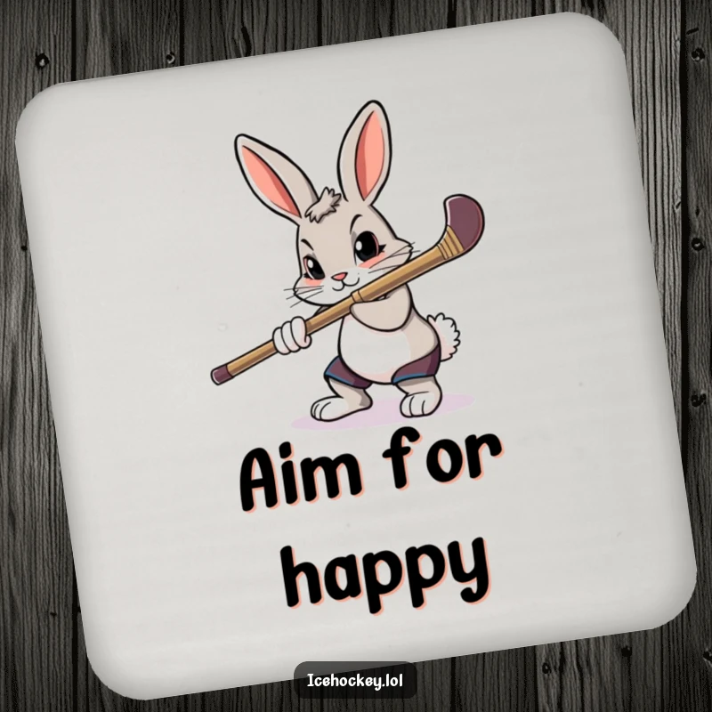 Funny drink coaster depicting a determined rabbit intensely aiming a hockey stick.