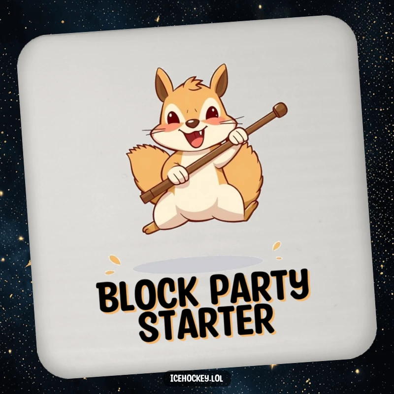 Funny squirrel drink coaster, a cheerful squirrel leaps to block a shot with its stick, protecting surfaces with funny goalie action and style.