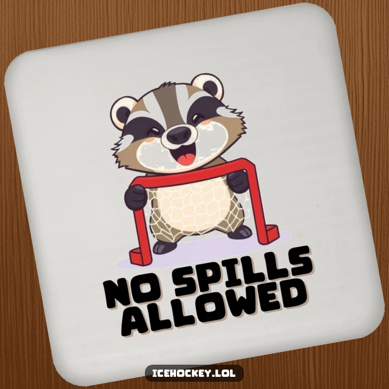 Funny drink coaster featuring a giggling badger fiercely guarding a tiny hockey net, adding a humorous defense to any surface.