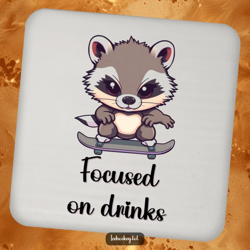 Funny badger coaster with a brave badger intensely focused on ice skating, a humorous and protective tabletop accessory.