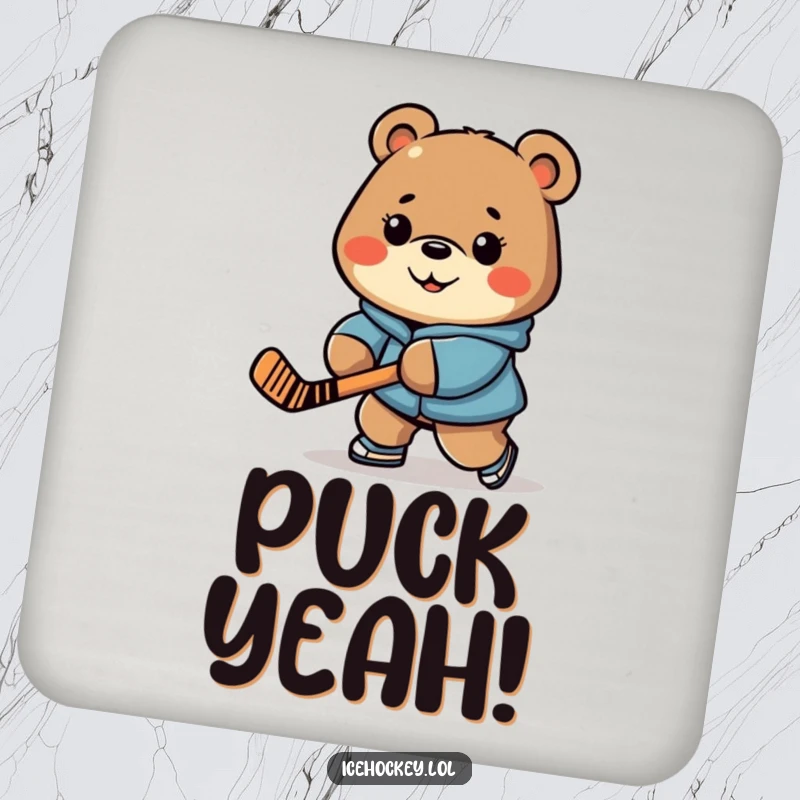 Funny drink coaster depicting a determined bear stick-handling a hockey puck with impressive skill.