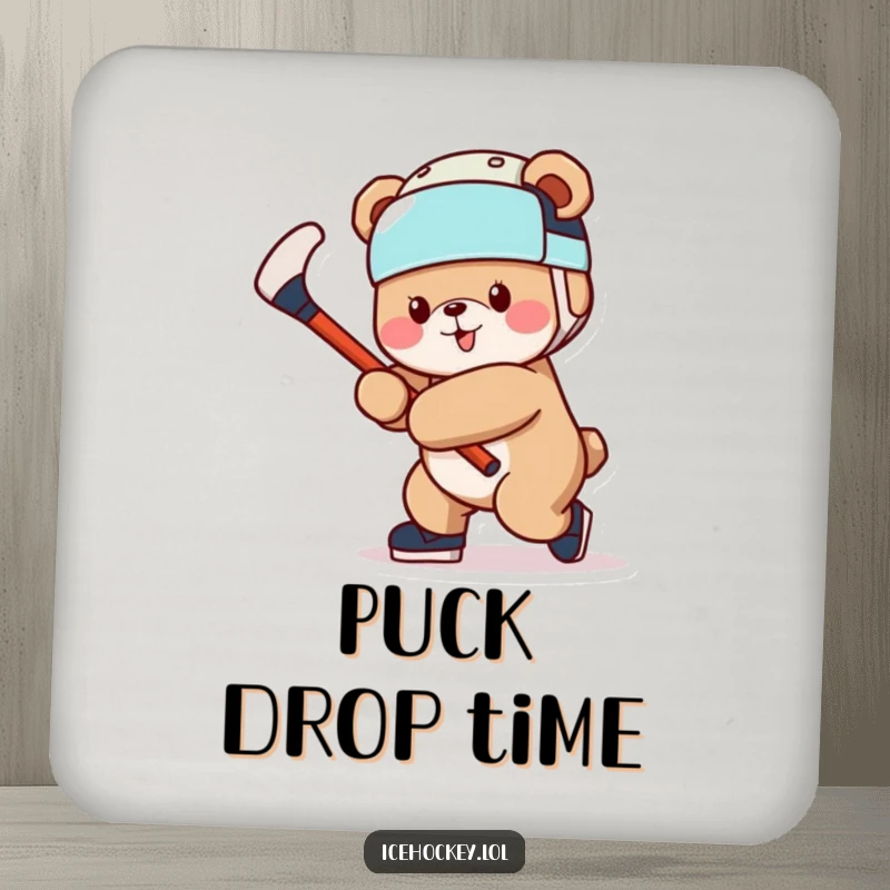 Funny Bear Coaster: A cheerful bear in a hockey helmet, swinging a stick, protecting your surfaces.