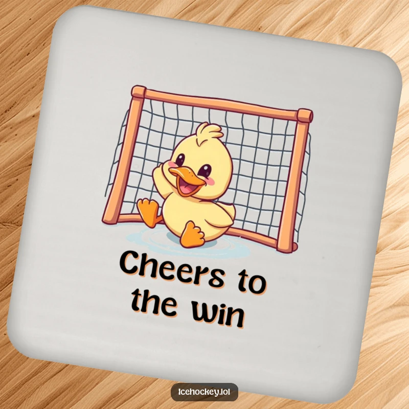 Funny duck coaster: a delighted duck sliding with a grin towards a hockey goal, adding humor to drink protection.