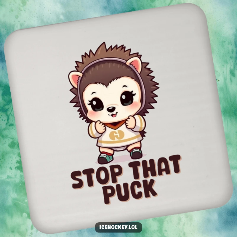 Funny drink coaster with a tiny hedgehog in goalie attire, hands up in a save, bringing protective humor to surfaces.