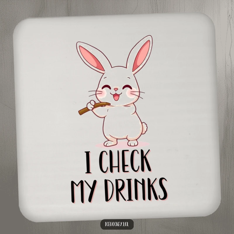 Funny Drink Coaster featuring a happy rabbit playfully checking an imaginary opponent with its hockey stick, adding humor.