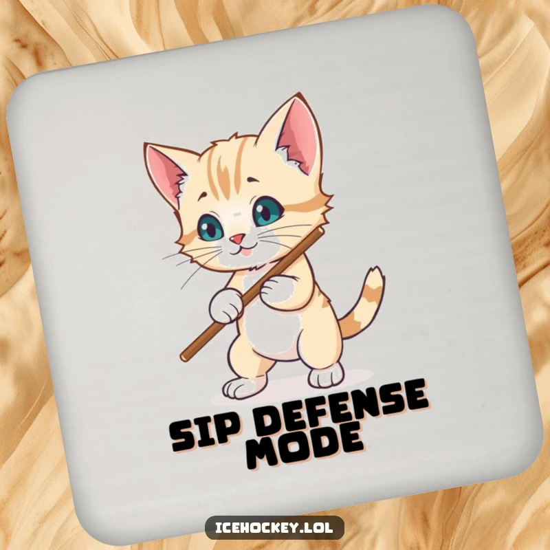 Funny coaster: A wobbly kitten attempts to block a hockey puck with its stick, ready to hold your drink.