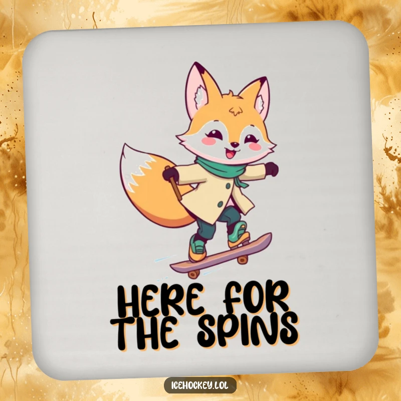 Funny Drink Coaster featuring a joyful fox skating rapidly, stick held high, adding a fun and speedy element.