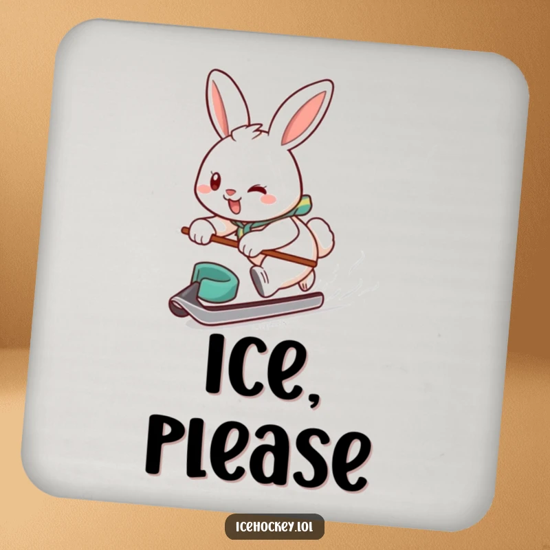Funny drink coaster depicting a determined, smiling bunny player gliding rapidly with a hockey puck, protecting your furniture.