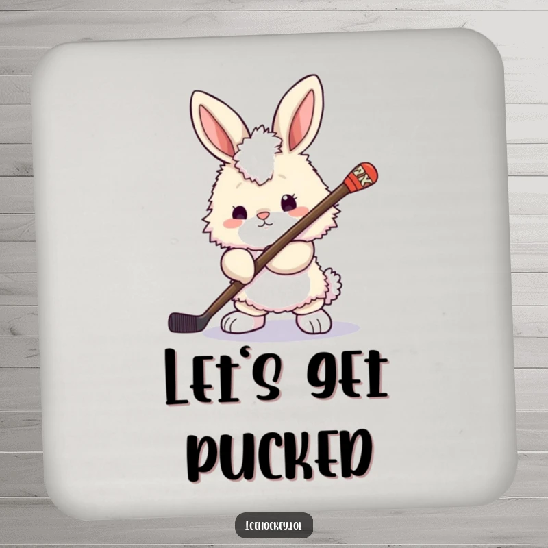 Funny bunny coaster: a fluffy bunny holding a hockey stick, looking ready to play, adding humor to drink protection.