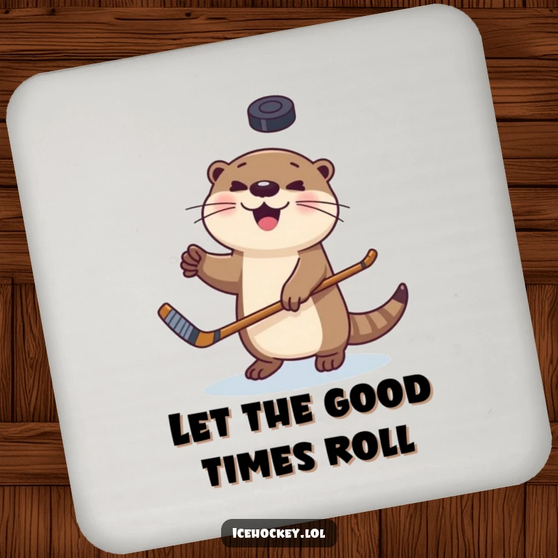Funny drink coaster featuring a happy otter juggling a hockey puck, perfect for adding sports humor to any surface.