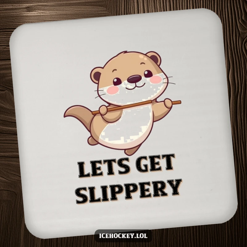 Funny Drink Coaster featuring a playful otter gliding smoothly, stick in tow, with a big grin, adding humor to drinks.