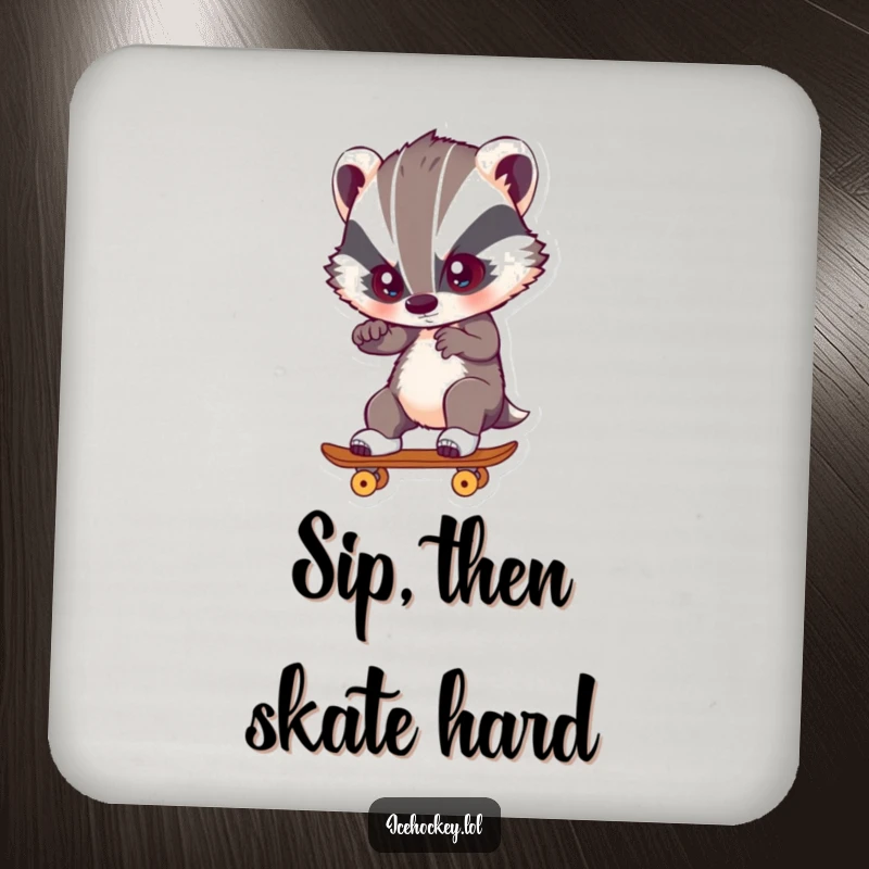 Funny Coasters (4-pack) featuring a badger skating with intense focus, protecting surfaces with a humorous and athletic design.