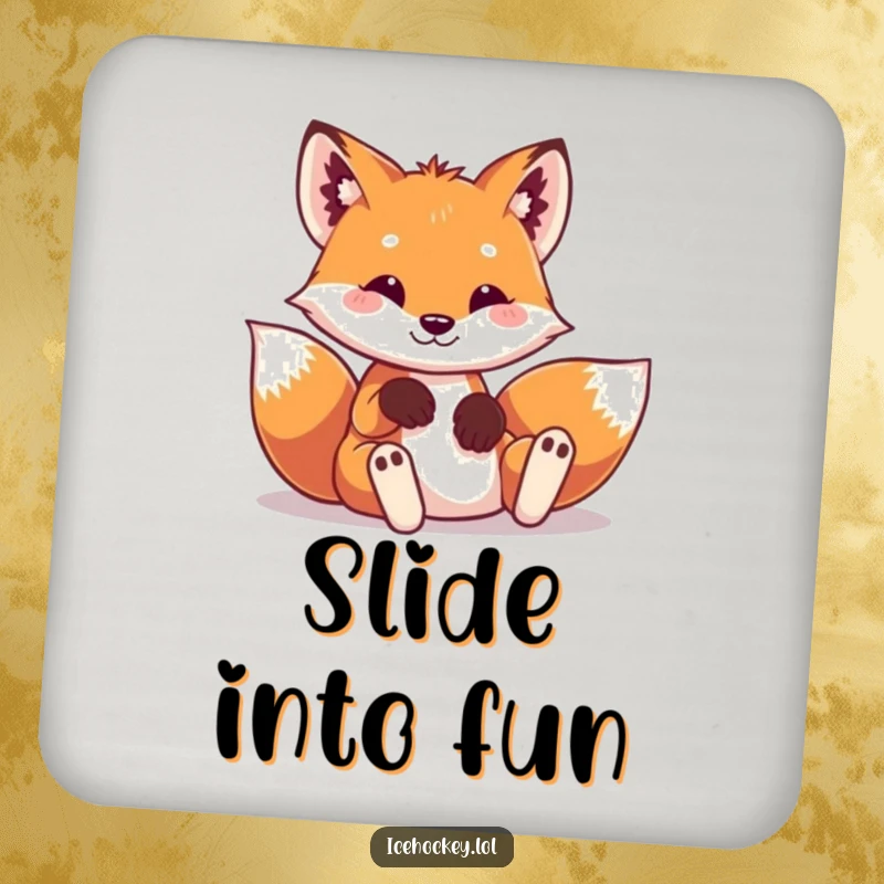Funny drink coaster depicting a playful fox in tiny hockey pads, sliding into a funny, charming pose.