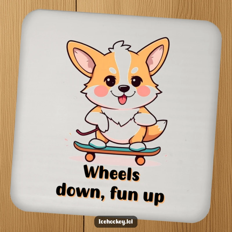 Funny drink coaster featuring a determined corgi in roller skates, adding a humorous element to any tabletop.