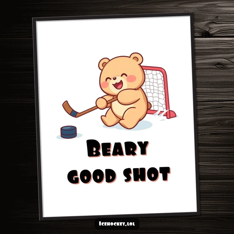 Funny poster of a joyful, round bear cub skillfully shooting a hockey puck, perfect humorous sports wall art.