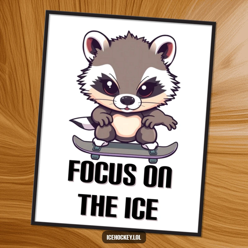 Funny badger poster depicting a brave badger intensely concentrating while ice skating, a humorous piece of focused wall art.