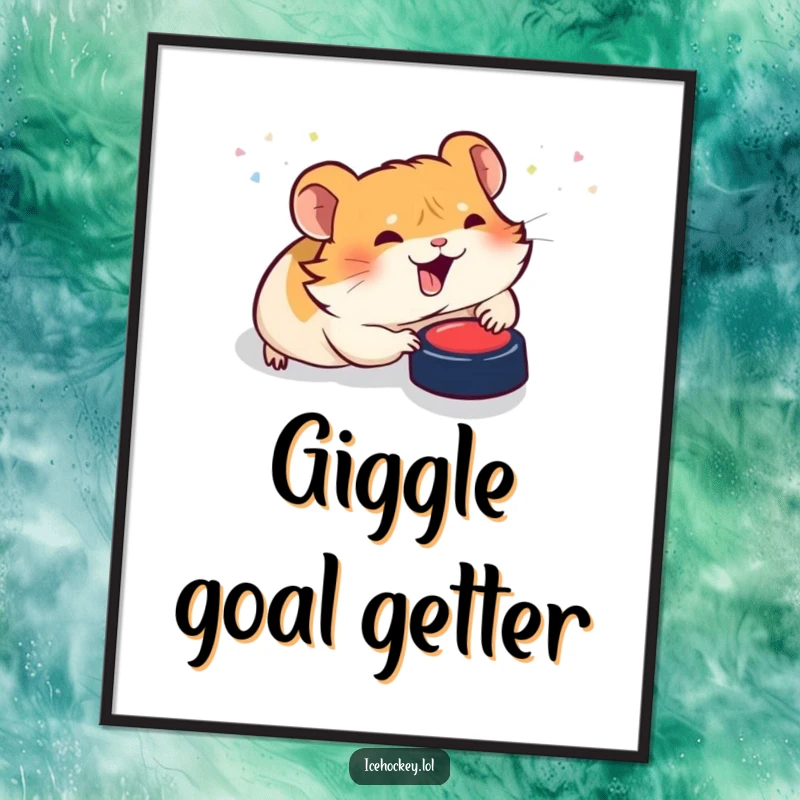 Funny poster: A cartoon hamster with a huge grin slides on its belly, intensely focused on a hockey puck below.