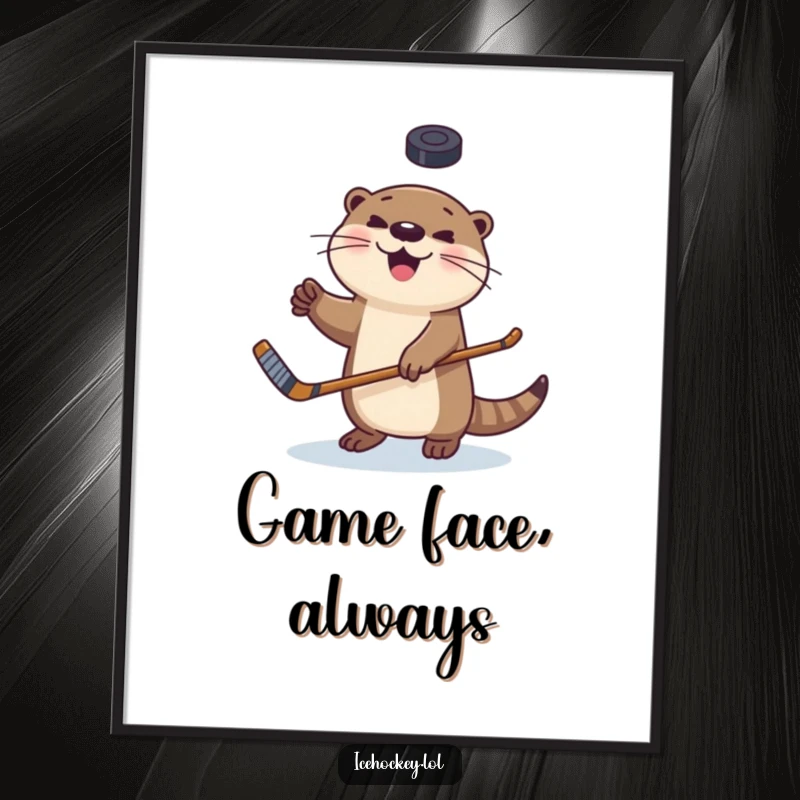 Funny poster of a happy otter juggling a hockey puck with its stick, celebrating sports and playful energy.