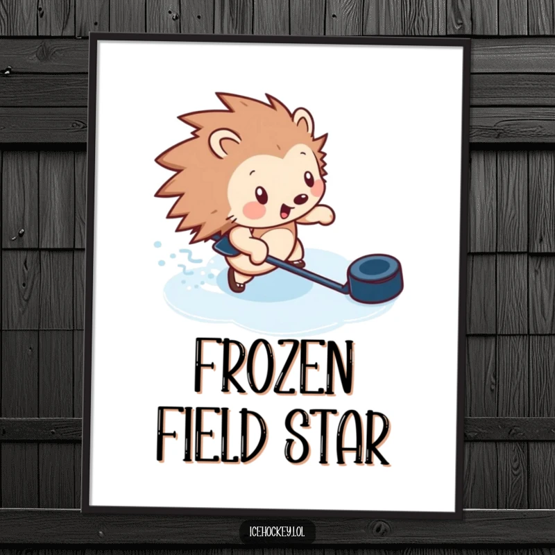 Funny poster art of a determined hedgehog zipping across ice with a puck, capturing the excitement of hockey.