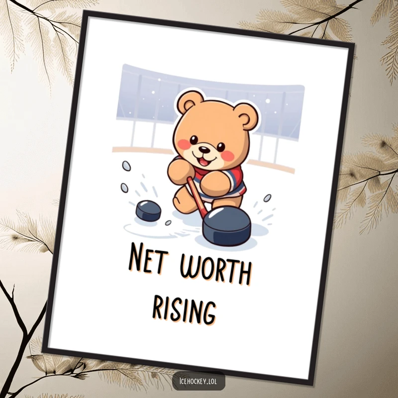 Funny Poster depicting a determined bear powerfully shooting a hockey puck towards the net, capturing the intensity of the game.