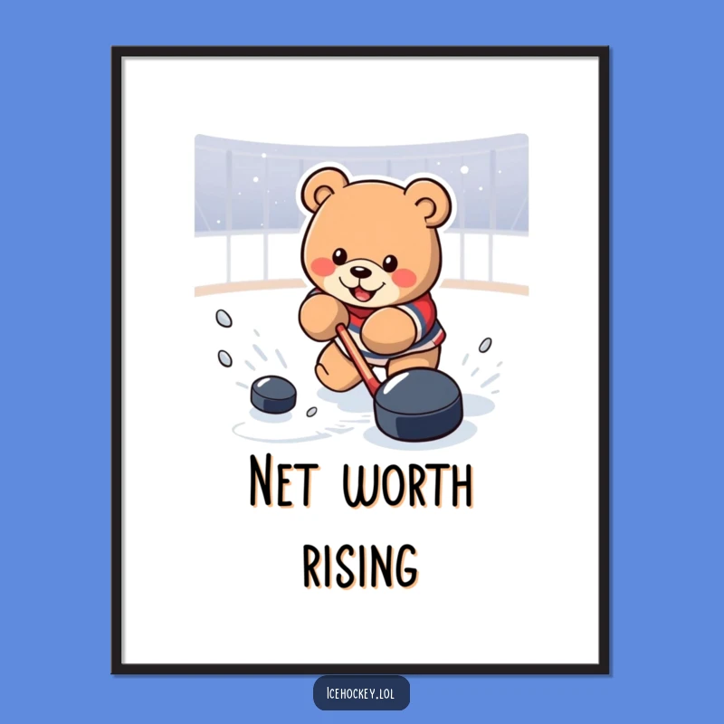Funny Hockey Bear Poster: Action Shot of Bear Shooting Puck, Premium Funny Gift