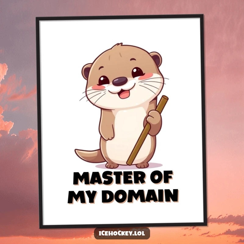 Funny poster of a cheerful otter gripping a hockey stick, intensely focused. Humorous sports wall art.