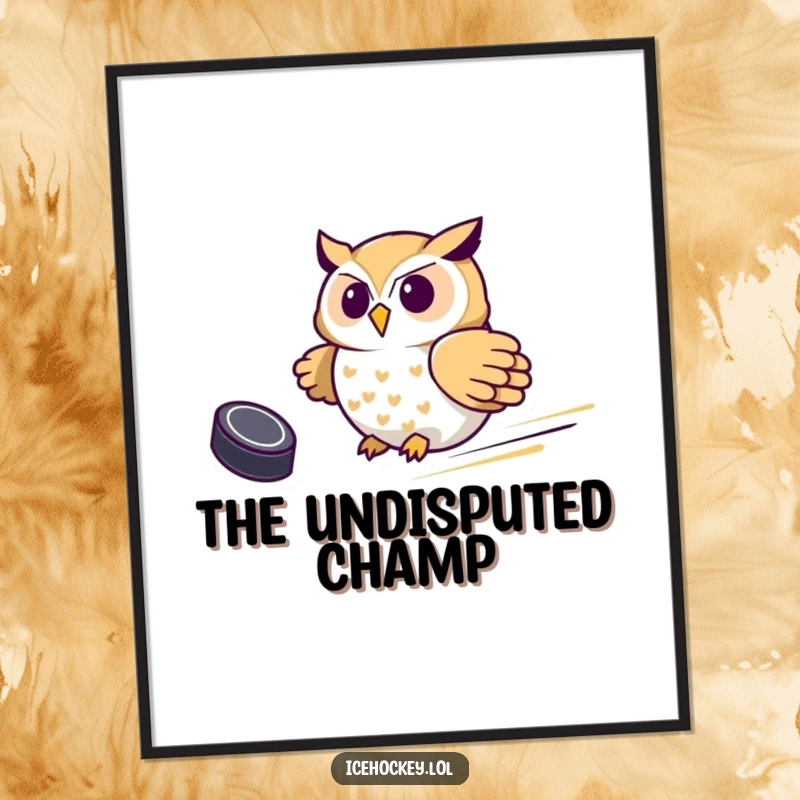 Funny Owl Hockey Poster, showing a proud owl swiftly sliding with a hockey puck, adding athletic humor and pride to wall decor.