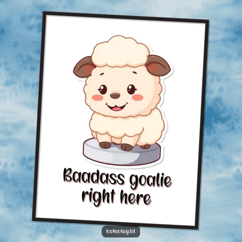 Funny Sheep Poster depicting a fluffy cartoon sheep acting as a goalie, blocking a puck with a big smile, ideal for sports-themed decor.
