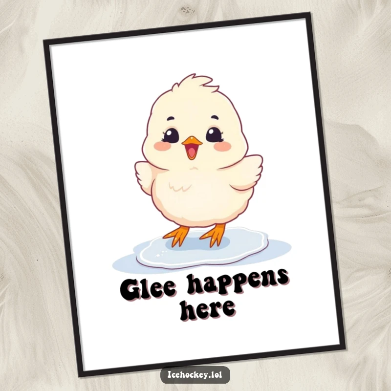 Funny Poster of a fluffy chick sliding on ice with pure glee, perfect for adding cheerful wall art.