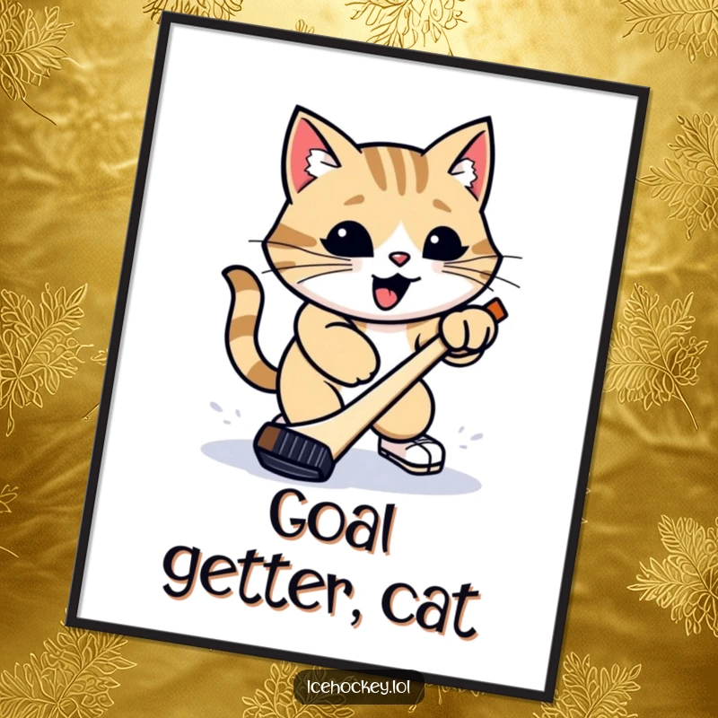 Funny Poster: A proud cat aims and attempts a powerful slap shot with a hockey puck in this humorous, action-packed artwork.