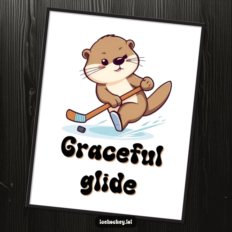 Funny poster depicting a graceful otter executing a swift turn with a hockey stick, celebrating aquatic athleticism.