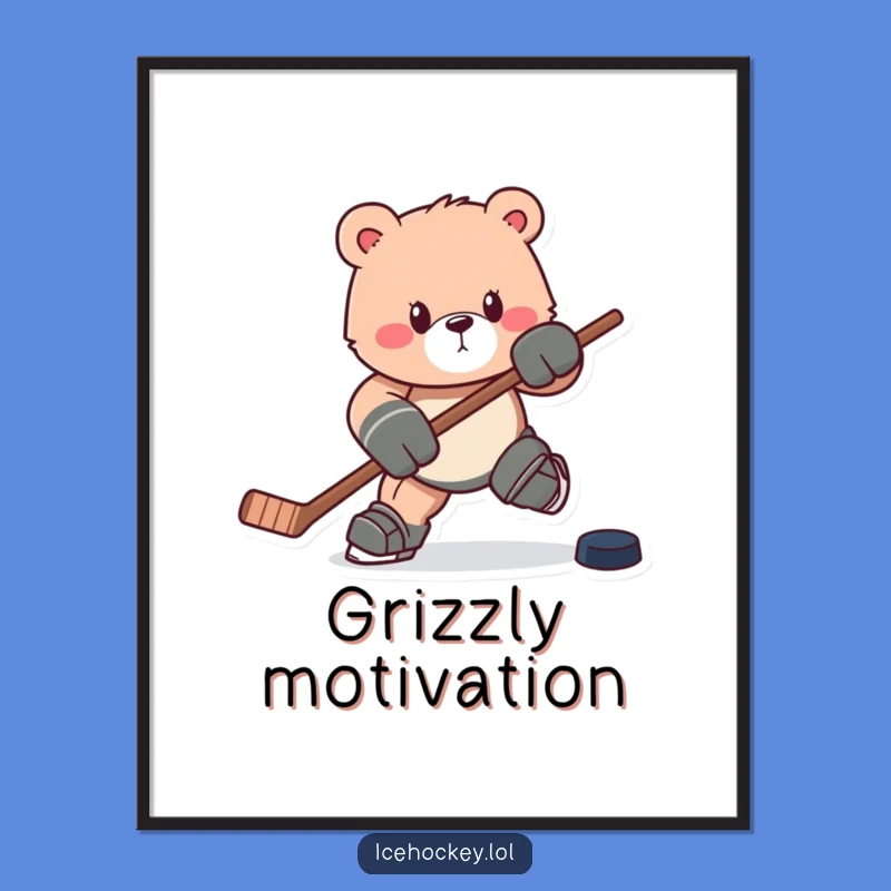 Funny Bear Hockey Poster: Charging Bruin with Stick & Puck, Wall Art Humor Gift