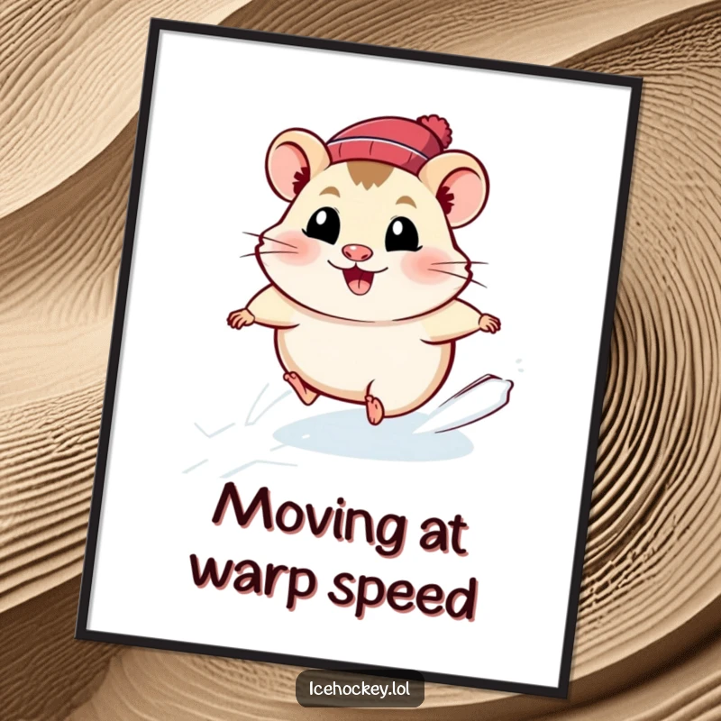 Funny hamster poster depicting a smiling rodent in a full ice-skating sprint, radiating speed and happiness.