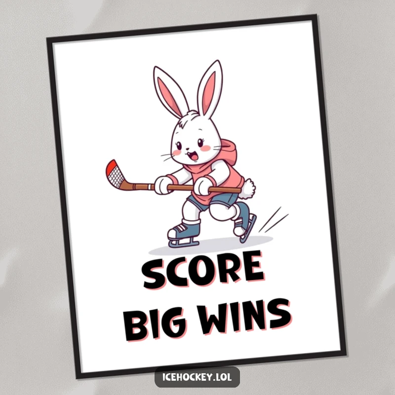 Funny poster of an enthusiastic bunny skating with a hockey stick, capturing a moment of humorous sporting action.