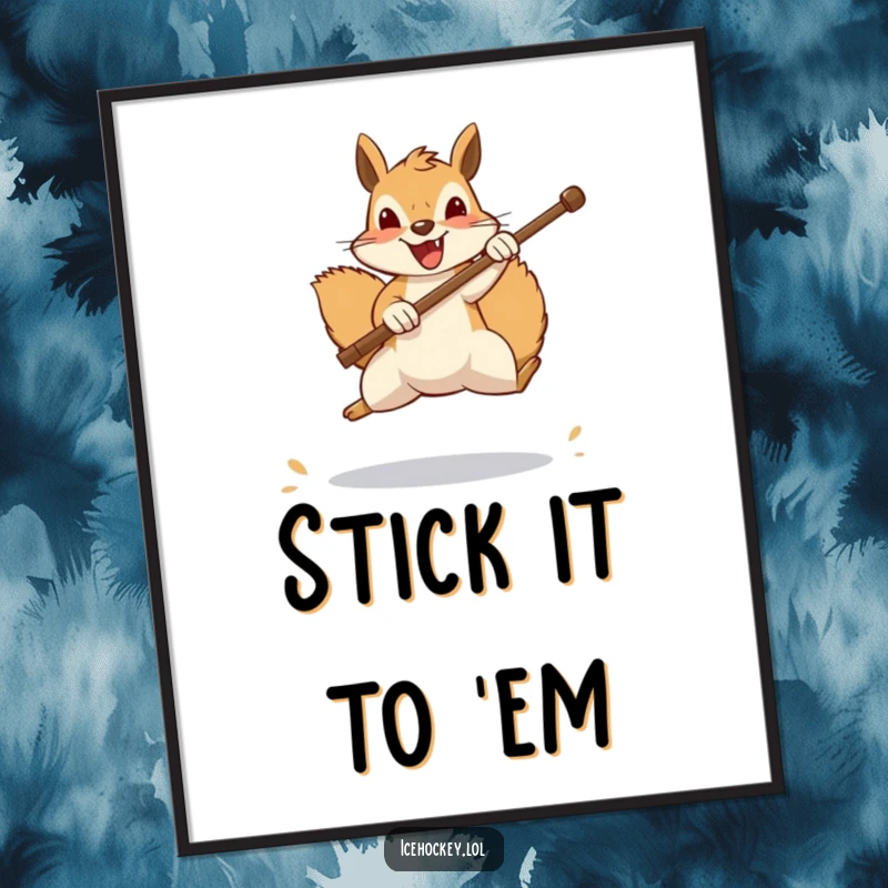 Funny squirrel poster, a cheerful squirrel in mid-air, blocking a shot with its stick, displaying a funny, determined goalie expression on your wall.