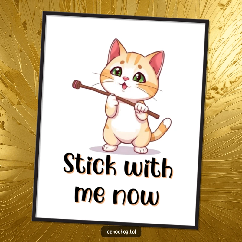 Funny cat poster showing a curious kitten comically botching a magic stick trick, a humorous piece of wall art.