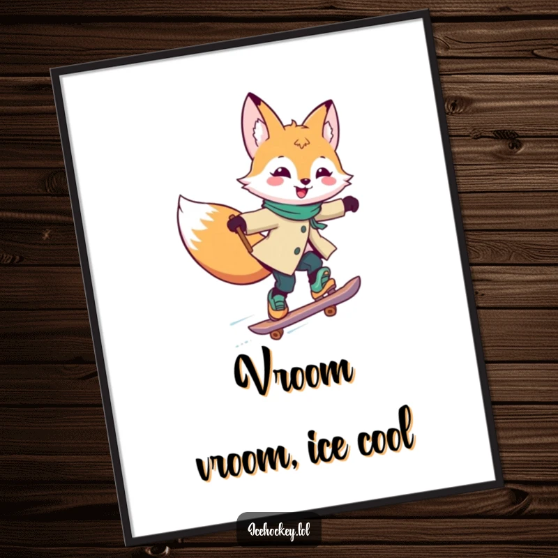 Funny Poster print of a joyful fox skating rapidly, stick held high, captured in a dynamic and cheerful illustration.