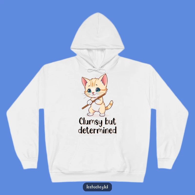 Funny Kitten Hockey Hoodie: Wobbly Blocker Defends Goal, Cozy Fun Gift